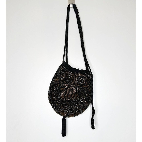 NWOT Free People Penny Beaded Pouch Bag Drawstring Black Gold Size OS - Picture 2 of 5